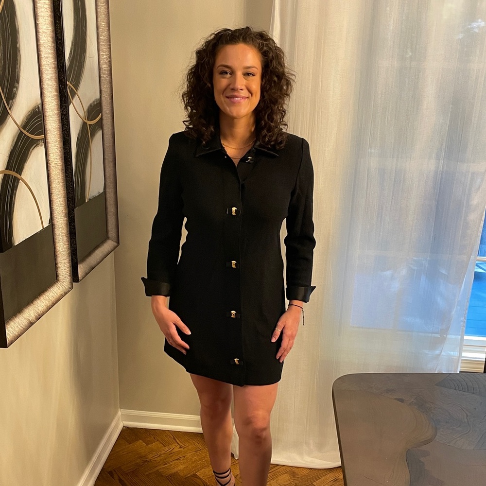 Vintage Steve Fabrikant Cardigan Coat Dress. Black with Silk Trim. Size 8.
